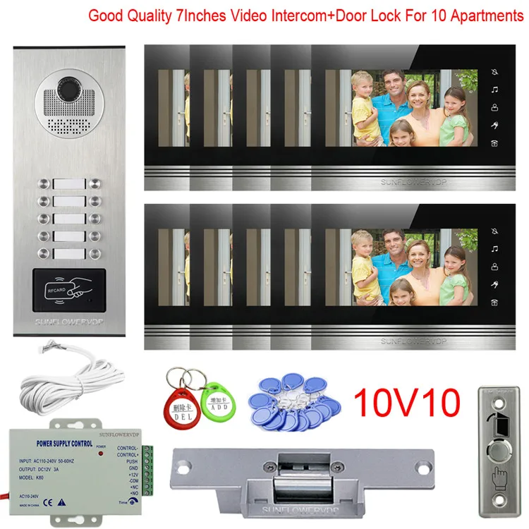 

Video Doorphone For Apartment 8/10/12 Multi Units Door Camera 7" Color Monitor Wired Home Video Intercom + Electric Door Lock K