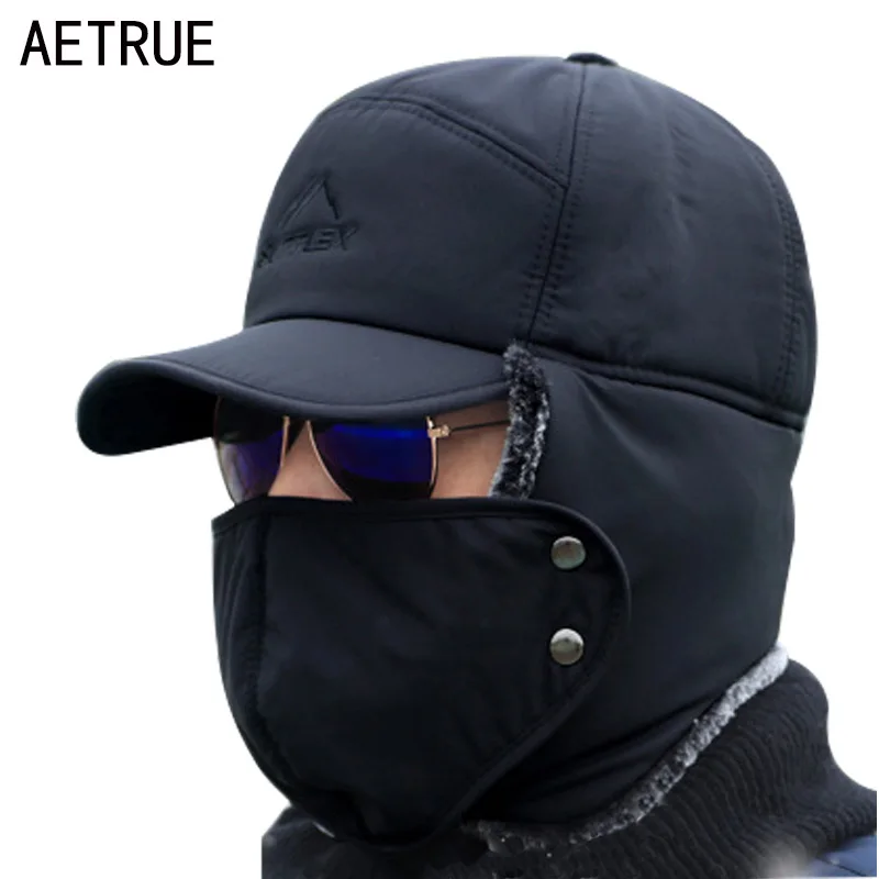 Зимняя шапка AETRUE, мужской Бомбер, стандартная Толстая Балаклава, хлопковые меховые ушные теплые шапки, маска с черепом, Мужская зимняя шапка-бомбер
