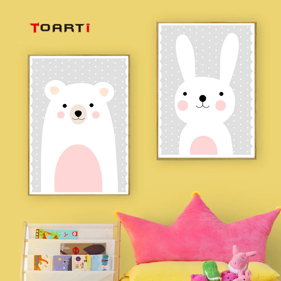 Kawaii Bear Rabbit настенная живопись на холсте милые животные мультфильм принты для