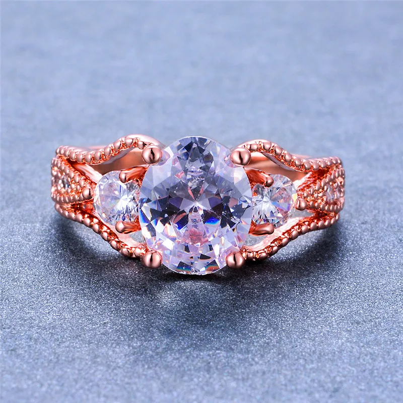 Cute Female Round Solitaire Ring Fashion Crystal Rose Gold Zircon Stone Vintage Wedding Bands Promise Women Engagement | Украшения и