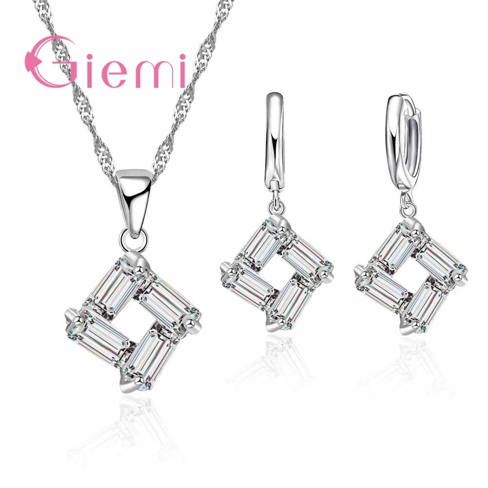 

Новый ослепительный квадратный кристалл кулон ожерелье серьги наборы горячее серебро 925 пробы модный полый набор украшений для женщин
