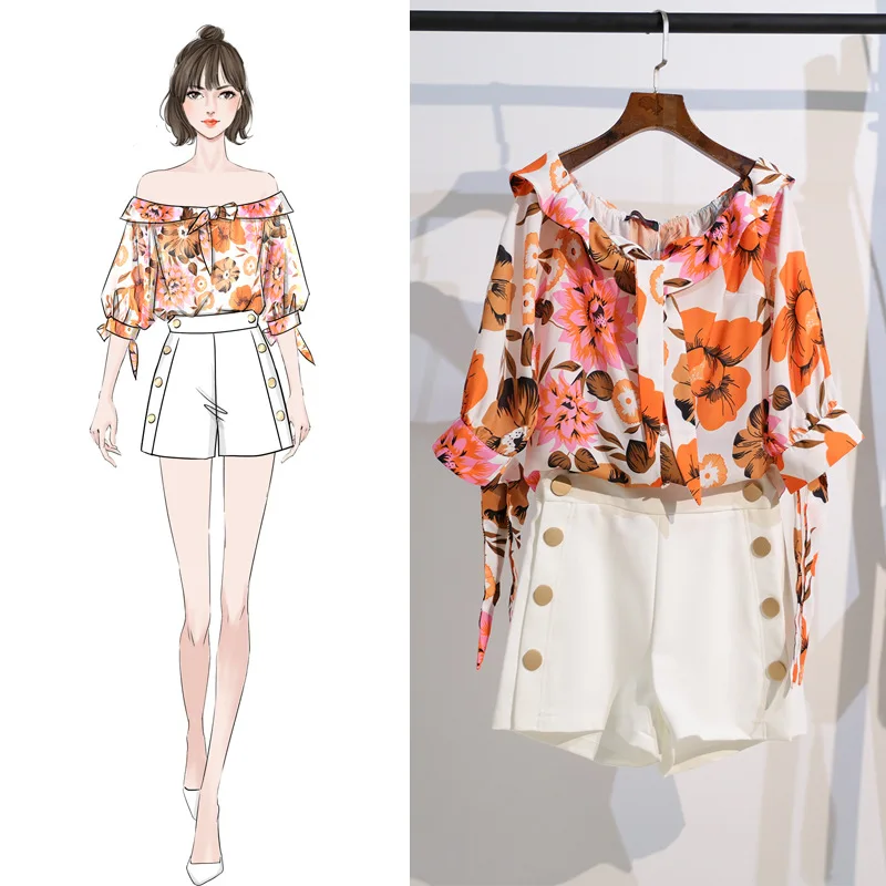

Suit female 2019 summer new casual fashion word collar elastic printed shirt loose shorts temperament wild women two pieces