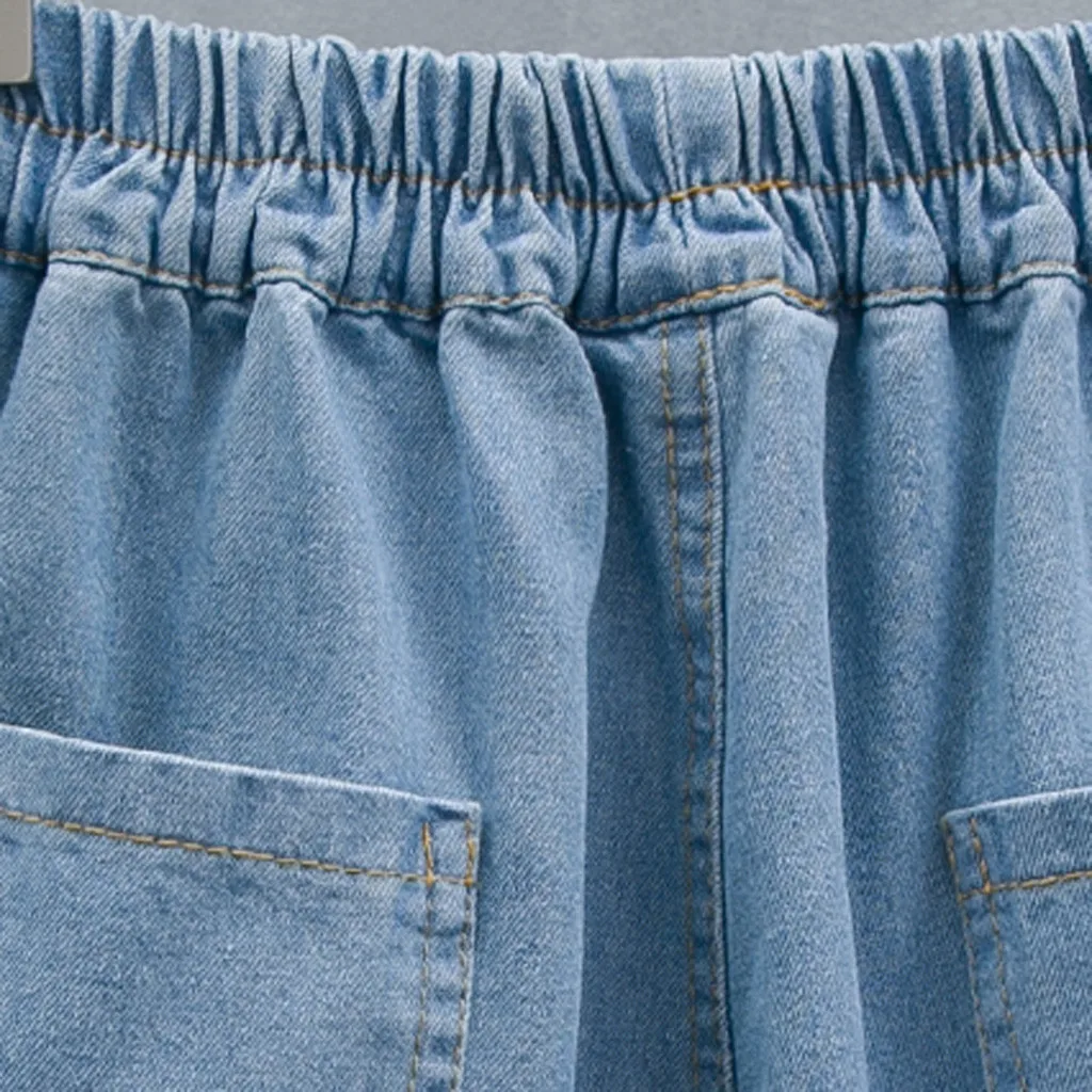 

Ladies large size loose ruffled Hem high waist elastic denim shorts Casual Solid Color Trousers Short jeans Pocket Blue 6.18