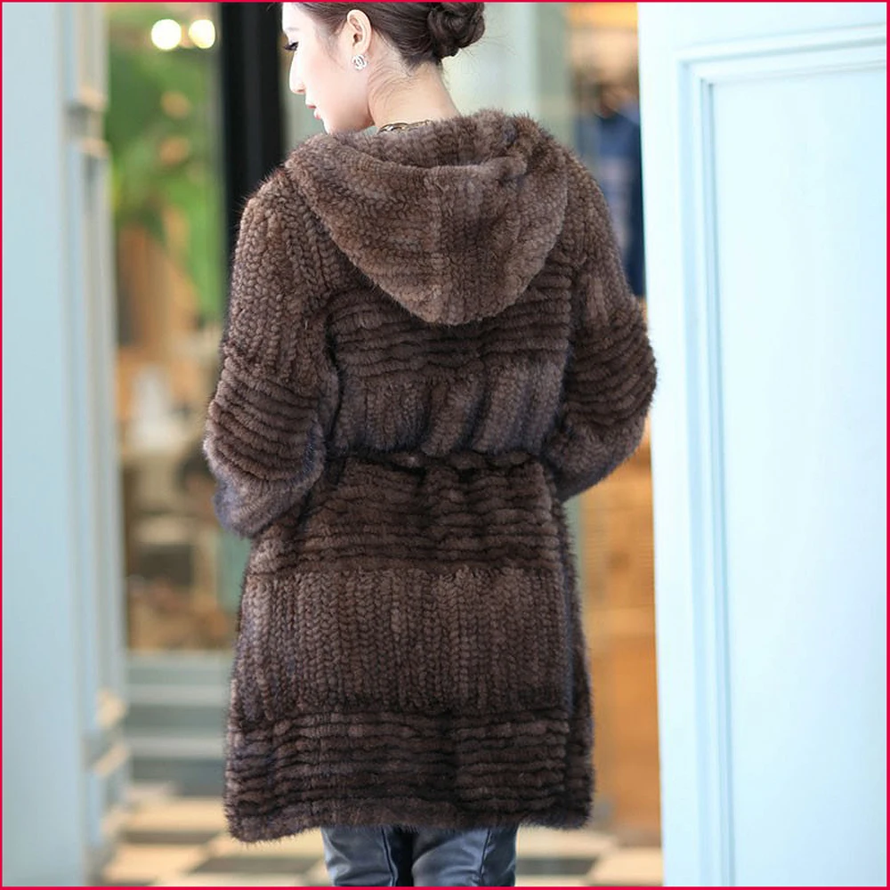 winter women 100% real mink fur jacket with hood. lady Luxury genuine knit outerwear band coat | Женская одежда