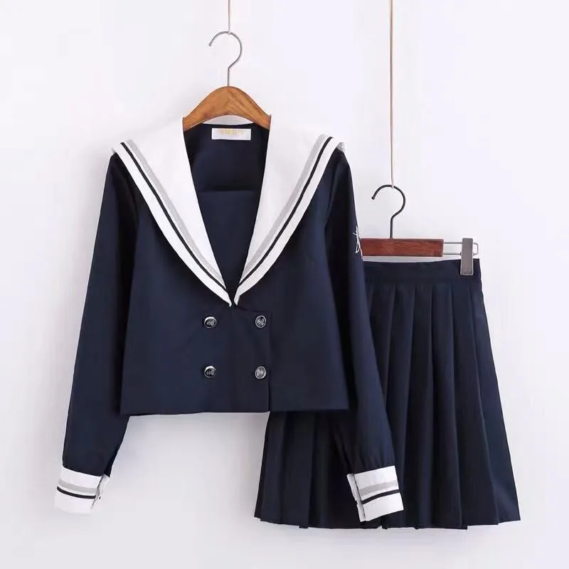 Long Sleeve Set Японская школьная форма с вышивкой Кита для девочек, топ с короткими/длинными рукавами+ короткая/длинная юбка, одежда для студентов в морском стиле - Цвет: Long Sleeve Set