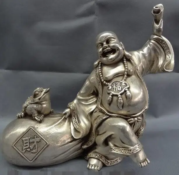 SHUN 14&quot Buddhism Silver Toad Happy Laughing Maitreya Buddha Money Bag Statue | Дом и сад