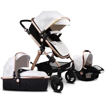 white leather Европейский склад! Алюминиевые Детские коляски 3 в 1, детская коляска с четырьмя колесами, складная коляска для новорожденных,, подарки - Цвет: white leather