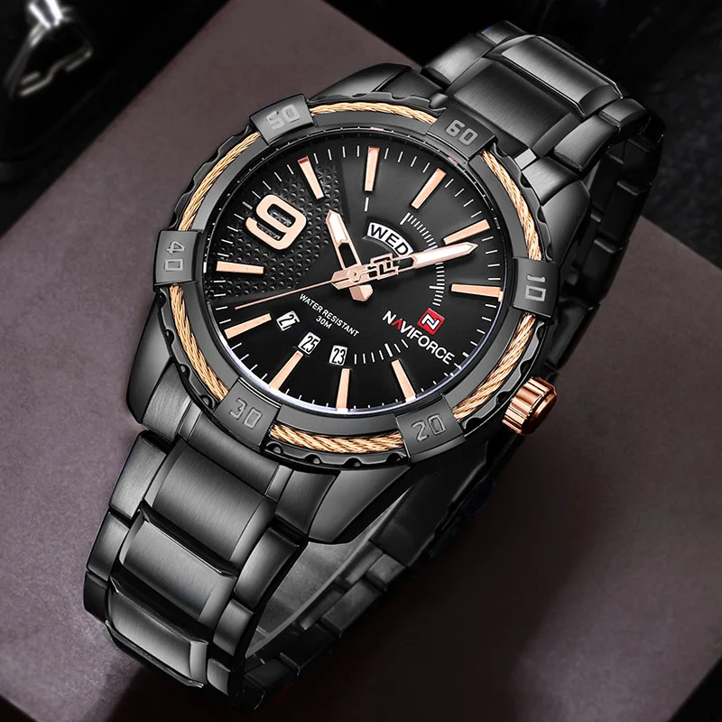 Black Black Gold NAVIFORCE мужские часы с синим циферблатом из нержавеющей стали водонепроницаемые мужские часы Роскошные деловые аналоговые кварцевые мужские часы модные - Цвет: Black Black Gold