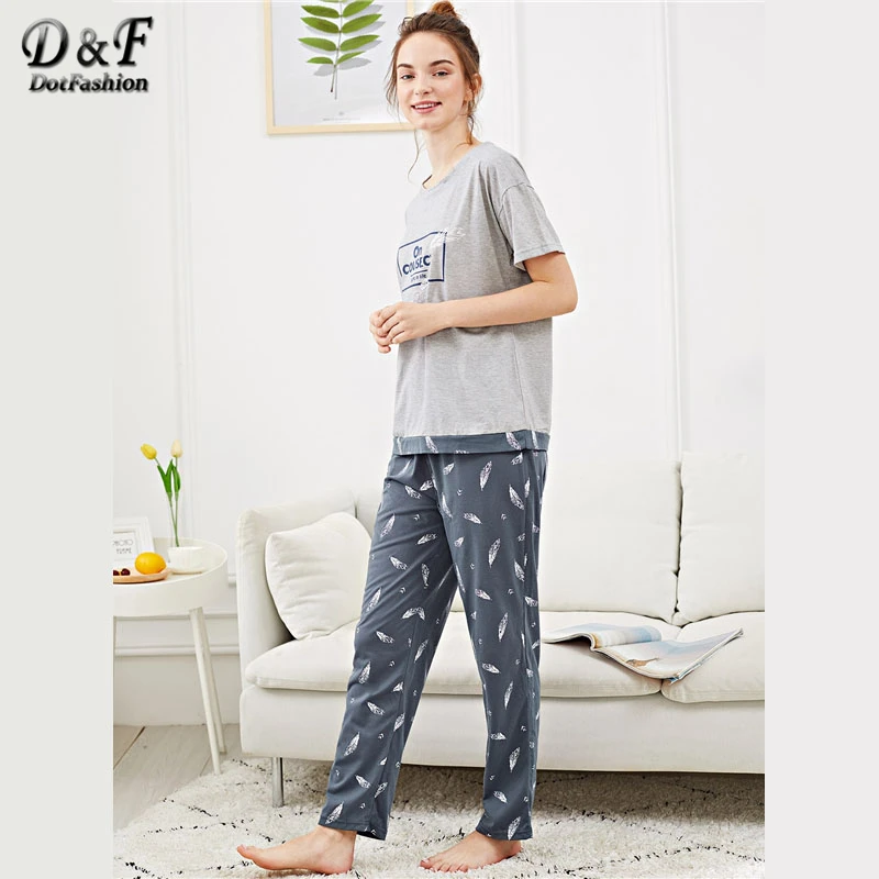 Dotfashion пижамный комплект с принтом в виде перьев и букв, летний Женский Повседневный пижамный комплект с круглым вырезом и коротким рукавом, Женская разноцветная Пижама
