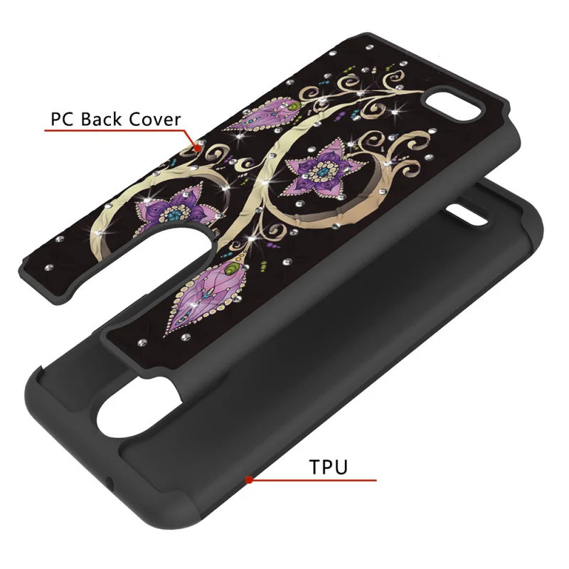 Case for LG Aristo 2 Bling Diamond Patterned Dual Layer PC Silicone Hybrid Capa Cover Plus Accessories |