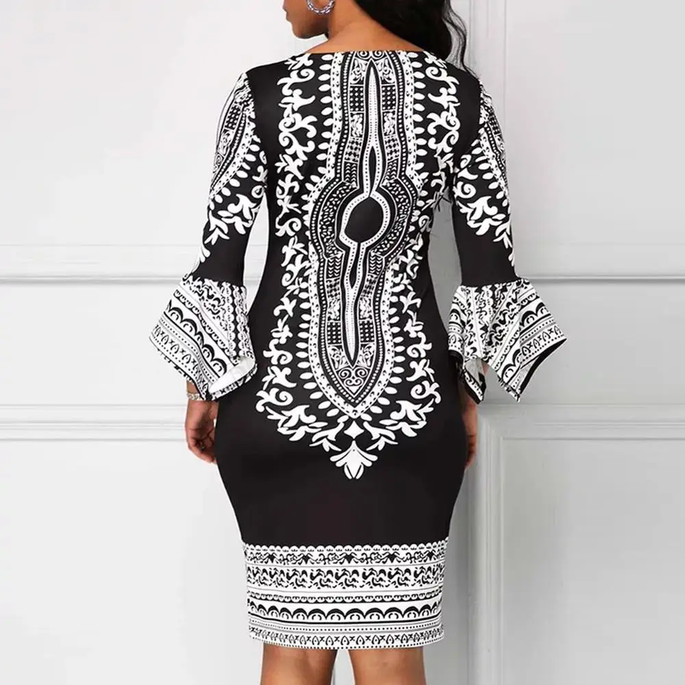 Fadzeco африканские платья для женщин Дашики 3/4 рукав цветочные Bodycon миди платье этнический Племенной печати летнее платье карандаш