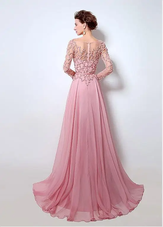 New 2017 Blushing Pink Sparkly Beaded A-line Chiffon Prom Dresses Long Sleeves Sheer Real Evening Gowns vestido de festa | Свадьбы и