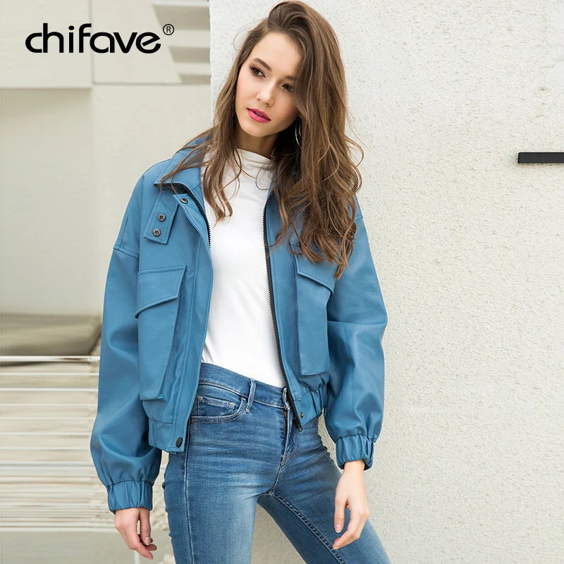 Модные зима осень мотоциклетная кожаная куртка Для женщин синий бренд Pu кожаные