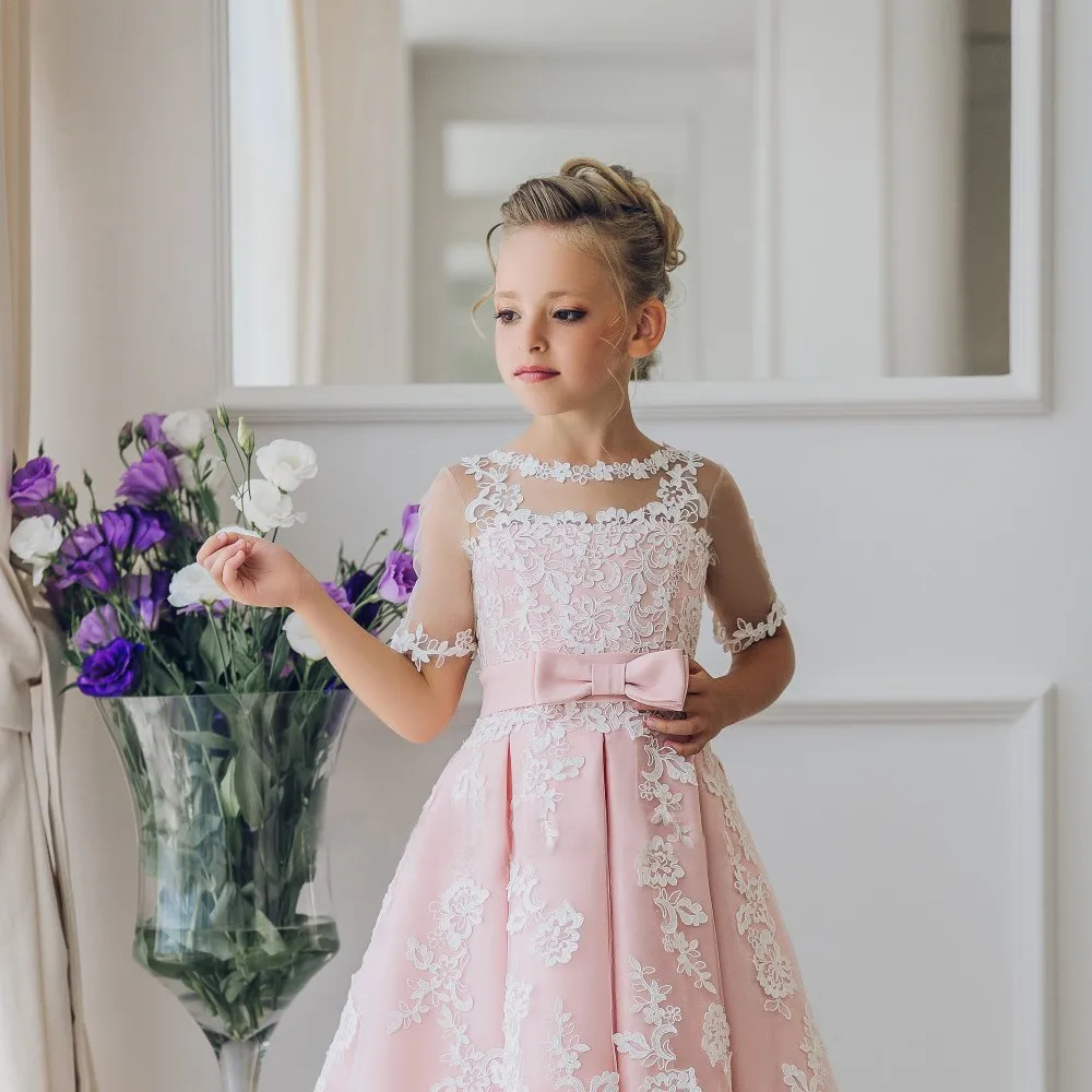 Pink Prince Slim-line Delicate Lace Flower Girl Dress Knee Length Bowknot Short Sleeves A Line High Quality Party Evening | Свадьбы и