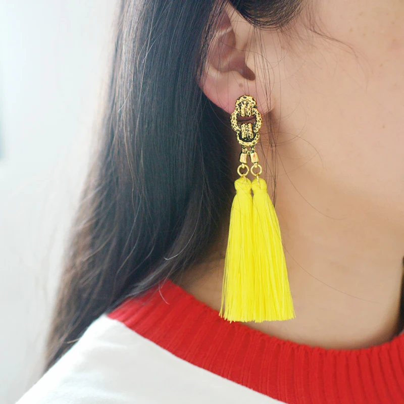 

MZC 2022 12 Colors Tassel Dangle Earrings Ethnic Antique Gold Alloy Hanging Drops Dangle Earrings for Women Brincos Pendientes