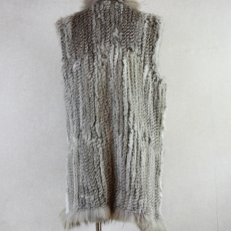 2019 Real rabbit fur vest Women knitted genuine raccoon  fur vest  overcoat pocket garment & raccoon collar without hood