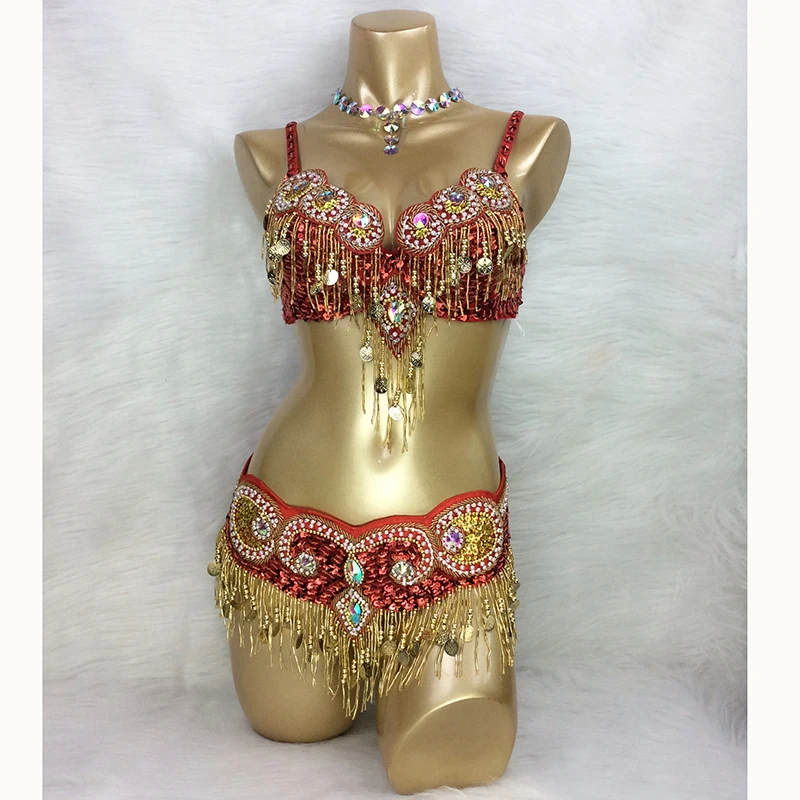 Conjunto de 3 piezas para mujer, traje de danza del vientre con cuentas hechas a mano, sujetador + cinturón, 5 colores