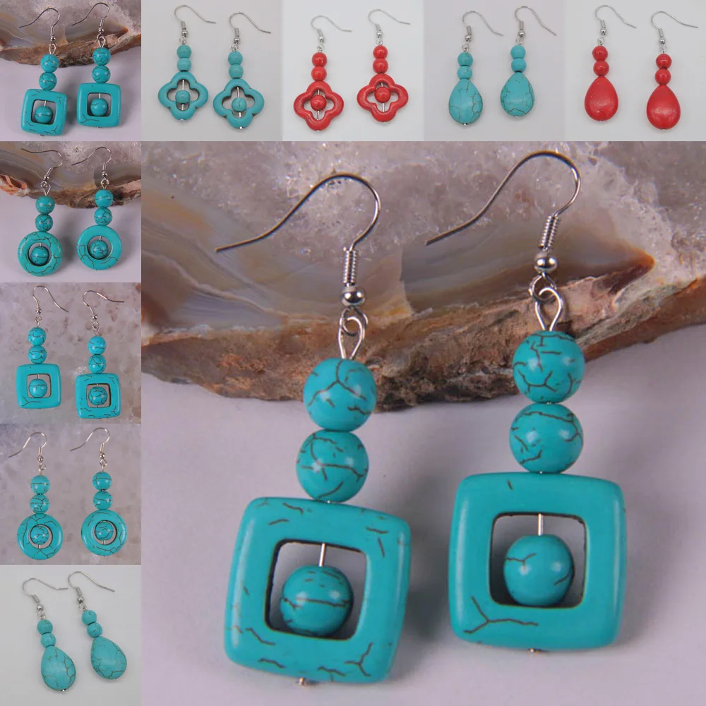 Серьги-подвески с зелеными и красными каменными бусинами Howlite ювелирные изделия