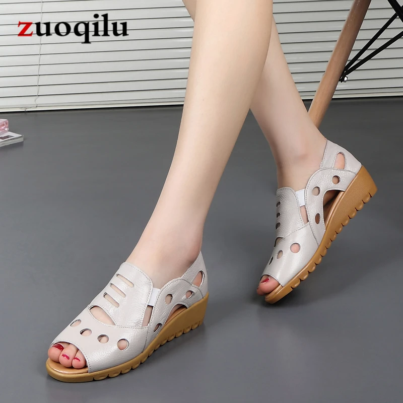 Женские сандалии 2019 кожа Лето Открытый носок плоские повседневная обувь летние