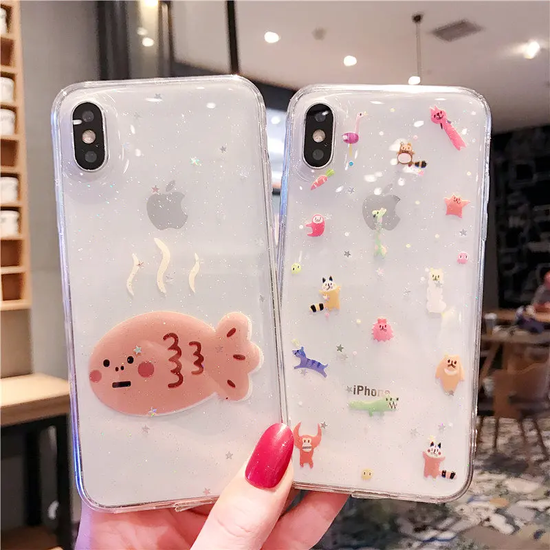 ORYKSZ For iPhone X XR XS Max Case Cartoon Fish Glitter Transparent Soft Phone iphone 8 7 6 6S Plus Silicone Back Cover |
