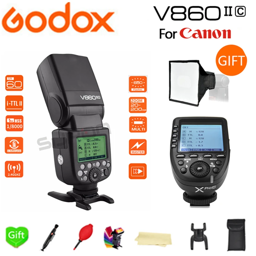 Paypal Accpect Godox Flash V860II C Li on Battery E TTL HSS 1/8000s Speedlite + Xpro для камер Canon 60D/650D/80D|flash speedlite|godox