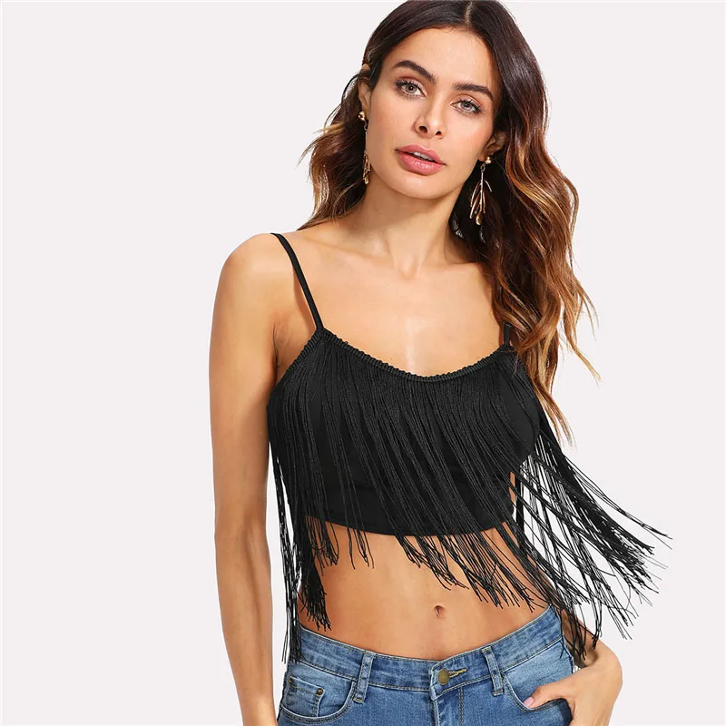 COLROVIE кисточкой Украшенные Crop Cami Top Лето г. черный совок средства ухода за кожей Шеи бахрома майка одежда Спагетти ремень для женщин Топ