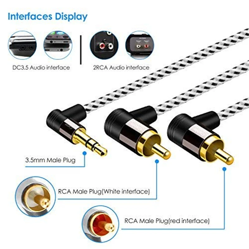 RCA 3 5 мм 90 угольный Aux 2RCA мужской Y сплиттер стерео аудио и вспомогательный кабель