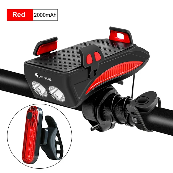 2000mAh red set WEST BIKING 400 люмен велосипед светильник с держателем для мобильного телефона велосипеда высокое светильник 2000/4000 мА/ч, Мощность Bank велосипедная вспышка светильник Передний фонарь - Цвет: 2000mAh red set