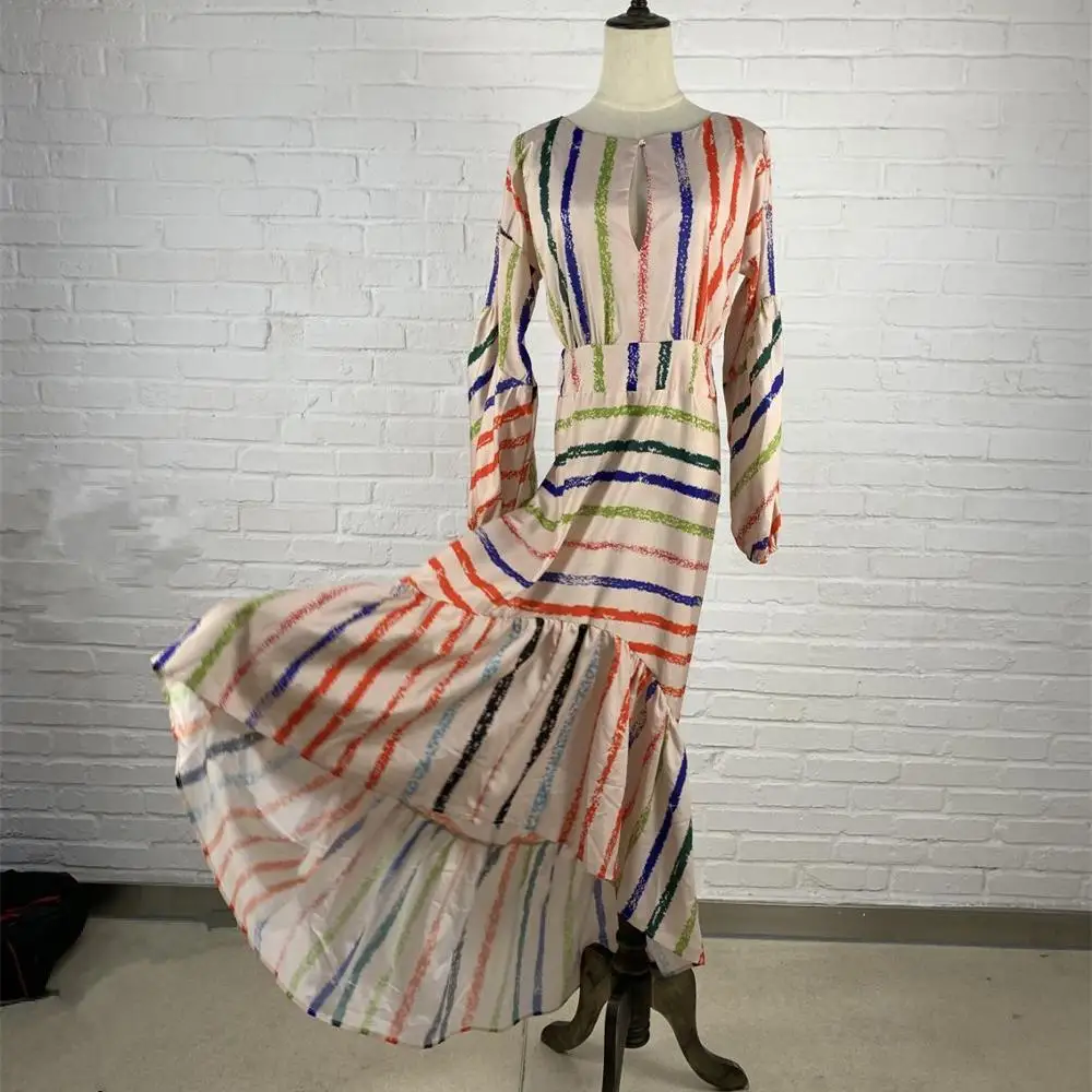 Новинка 2019 Полосатое платье русалки с рукавом фонариком женское летнее