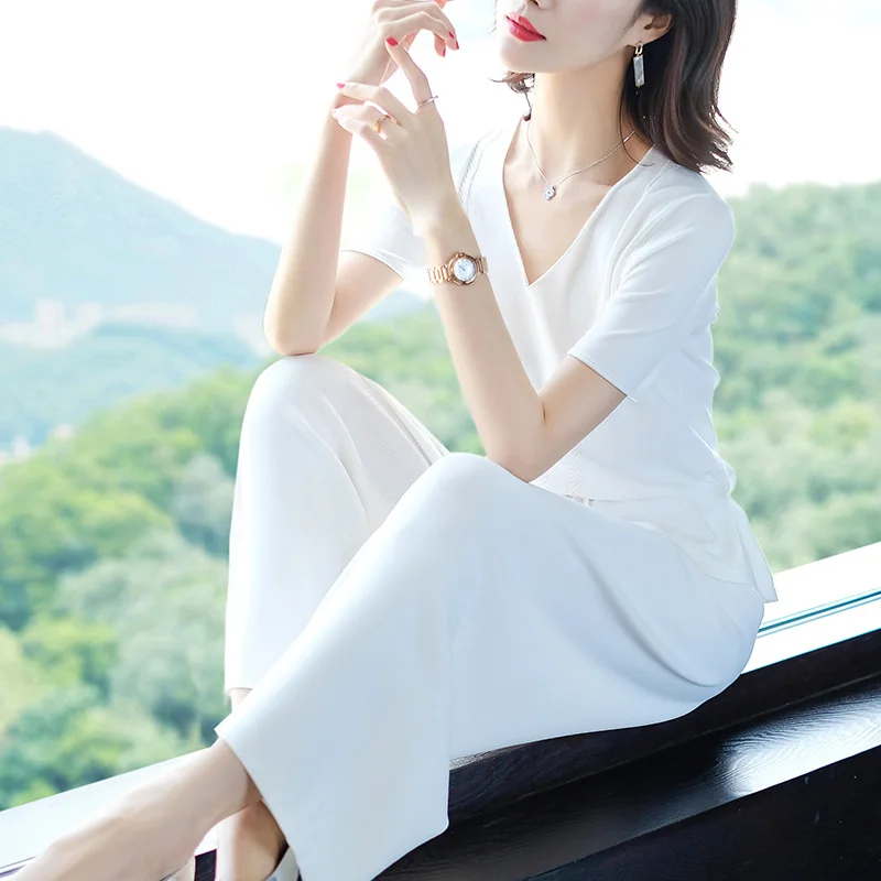 

Summer Women Two Pieces Knit Suits Elegant Solid Color Blouse With Pants Good Quality Linen Tops Shirt Sets