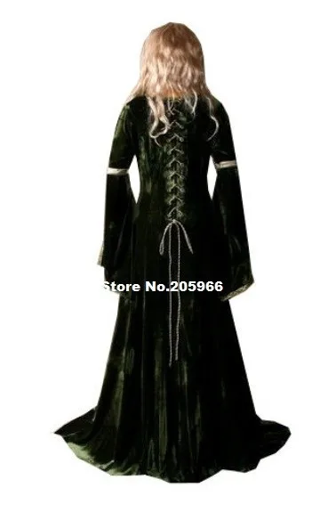 Темно-зеленая бархатная ткань дамы Делюкс качество средневековый костюм эпохи