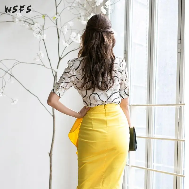 

Summer 2 Pieces Set White Chiffon Shirts Print Tops Blouses Ruffles Wrap Midi Pencil Yellow Skirt Sexy Party ;adoes Womens Dress