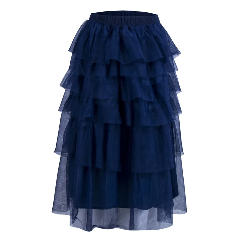 Womens Lace Multi Layered Tulle Mesh Skirt Elastic High Waist Tiered Pleated Maxi Long Skirts Fashion Lady Loose Straight Skirts - Цвет: As Photo Show