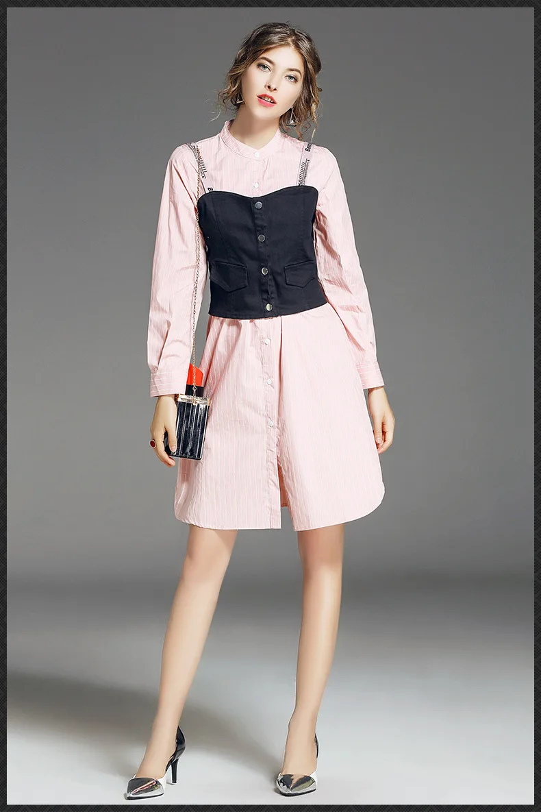 Новинка 2017 Модный облегающий жилет на бретелях и розовые полосатые рубашки