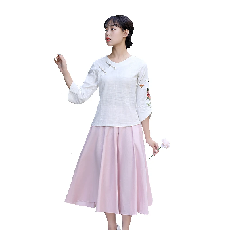 

Shanghai Story flower embroidery traditional chinese top 3/4 Sleeve cheongsam top V Neck Linen Top Linen blouse