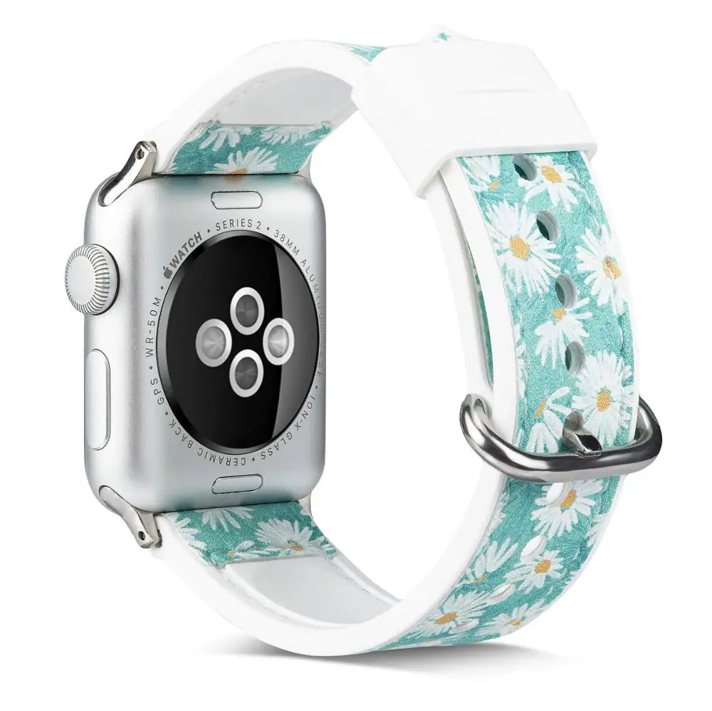 Green Daisy Ремешок для Apple Watch, 38, 42 мм, версия 40/44 мм, с цветочным узором и изображением оленей из силикона и кожаный ремешок для наручных часов iWatch, ремешок для Apple Watch браслет Series 5 4 3 2 1 - Цвет ремешка: Green Daisy