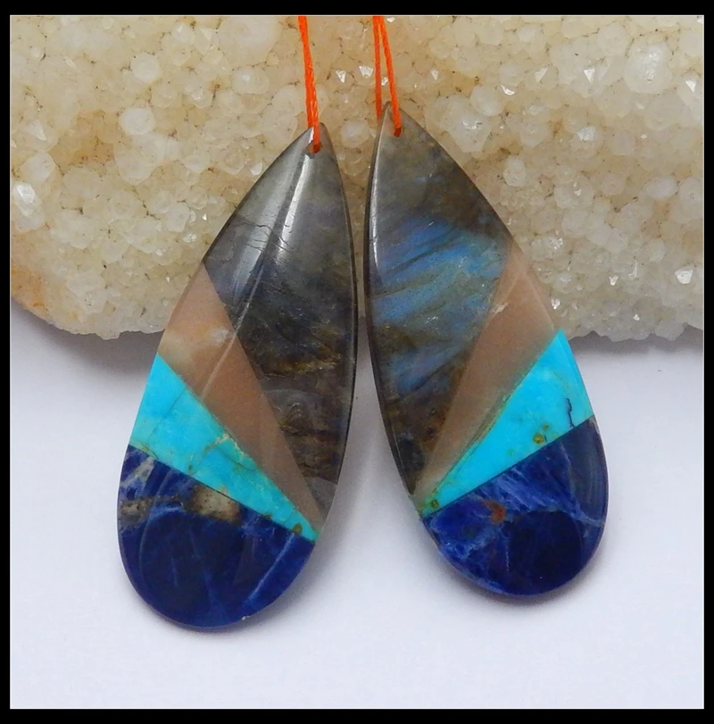 

Natural Stone African Sodalite Turquoise Sun Stone Water Drop Shape Long Earrings 53x21x5mm 16.6g Fashion Jewelry Women Earrings