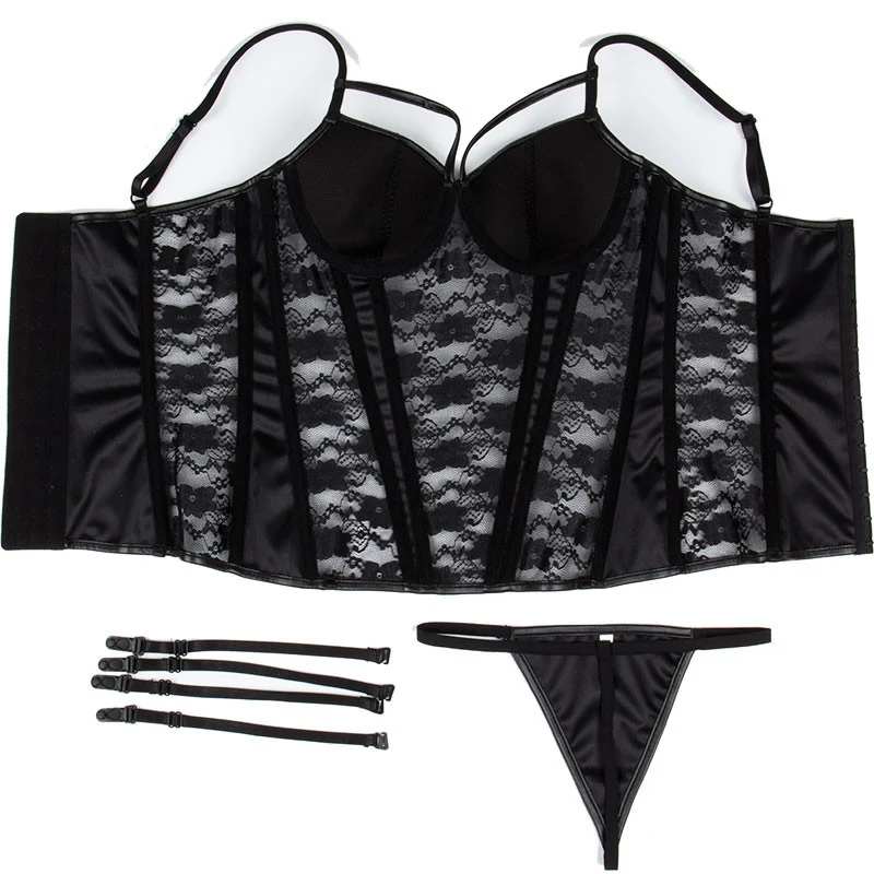 Черный цветочный кружевной и кожаный бюстгальтер бюстье нижнее белье корсет