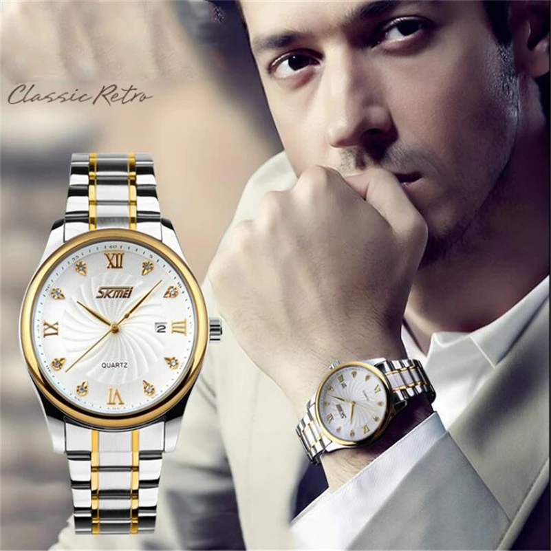 Марка класса люкс алмаз наручные часы Бизнес Мужские кварцевые модные золотые из