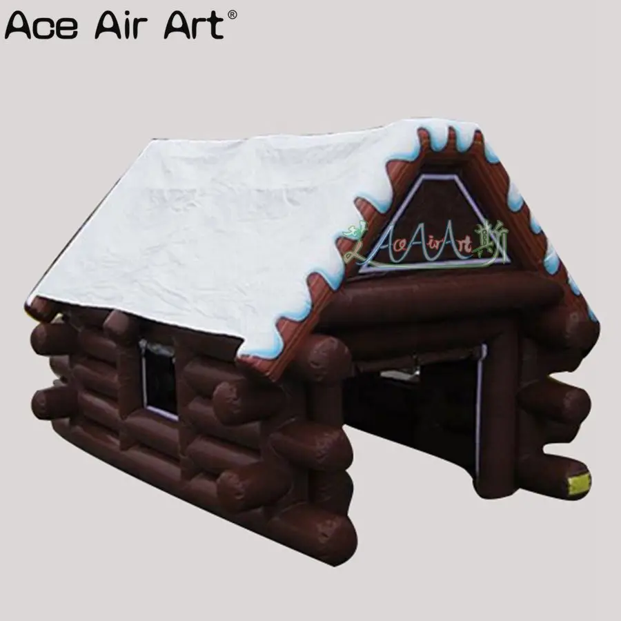 

High Quality 4m L Wooden Color Snowhouse Model Inflatable Christmas House Santa Grotto Tent