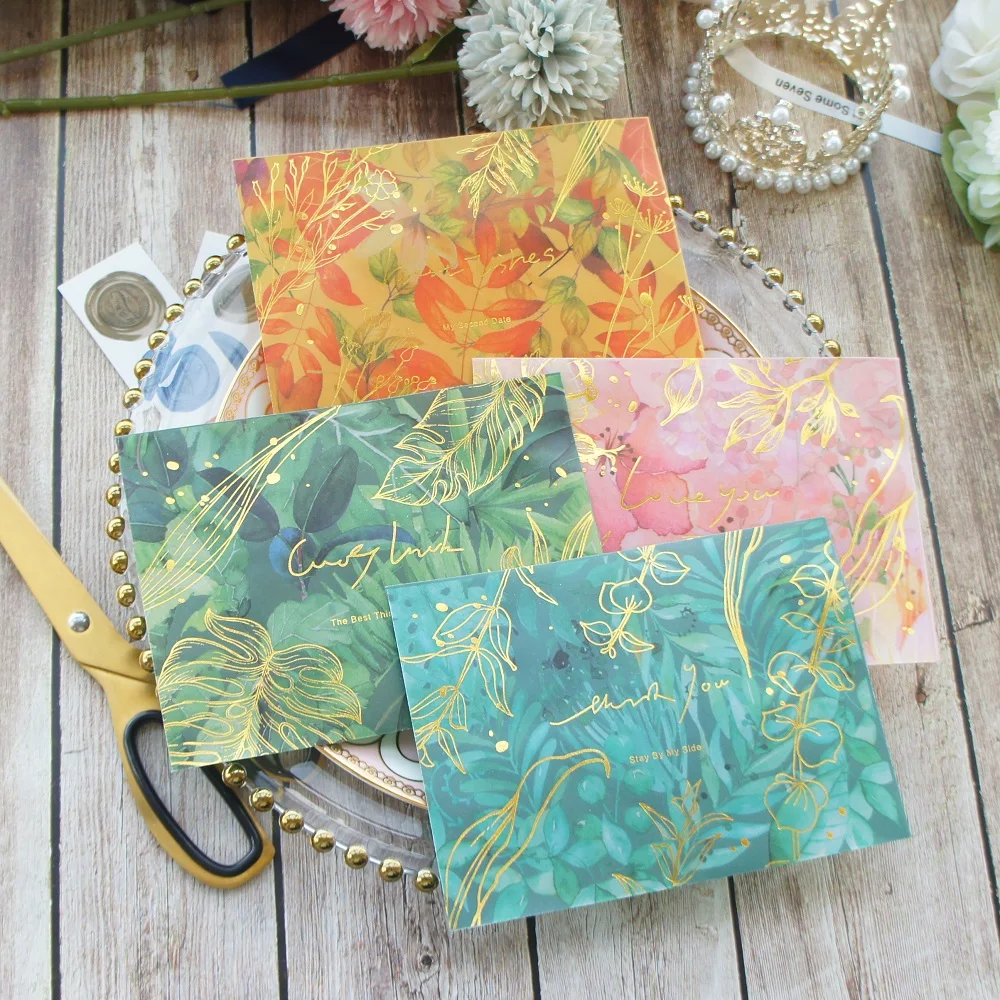 Золотые летние листья цветочный дизайн 3 шт конверт с печатью стикер как открытка Подарочная карта сообщения приглашение прозрачный стиль