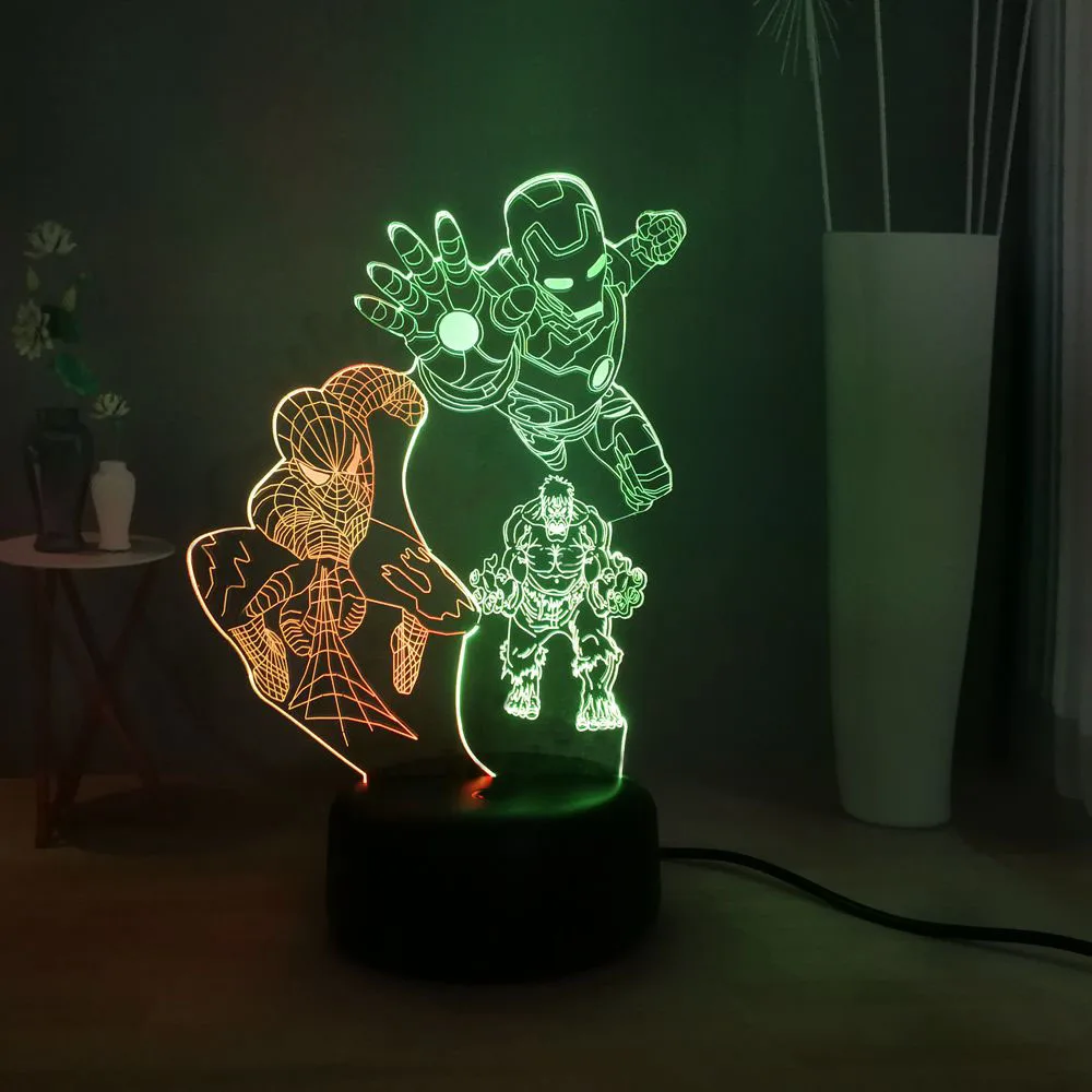 Новинка 3D иллюзия прикроватная лампа Человек паук Железный человек Hulk Marvel
