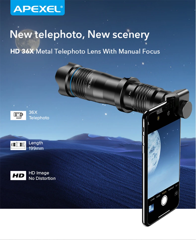 APEXEL 36X телефон камера телефото зум объектив HD монокуляр телескоп объектив SelfieTripod с дистанционным затвором для всех смартфонов
