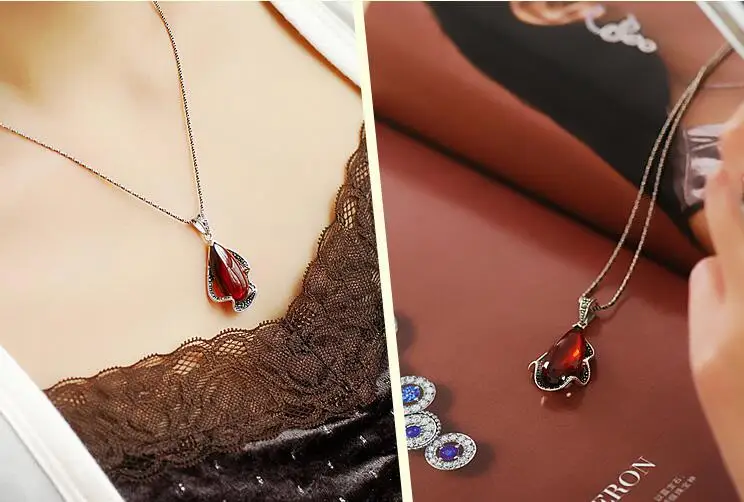 925 серебро Серебряный гранат античный кулон модное женское новое ожерелье