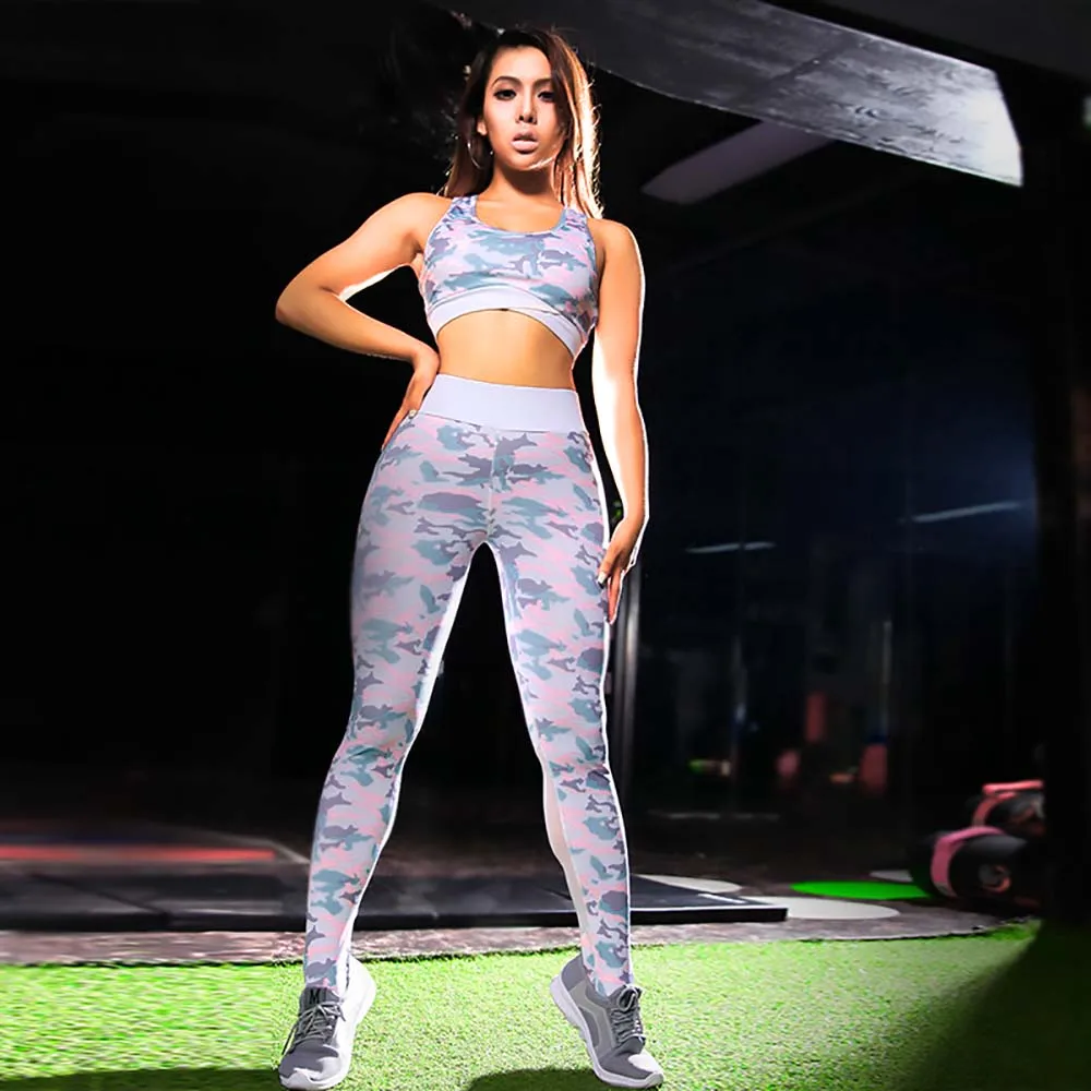 Женский эластичный костюм для йоги FDBRO спортивный с высокой талией и камуфляжным