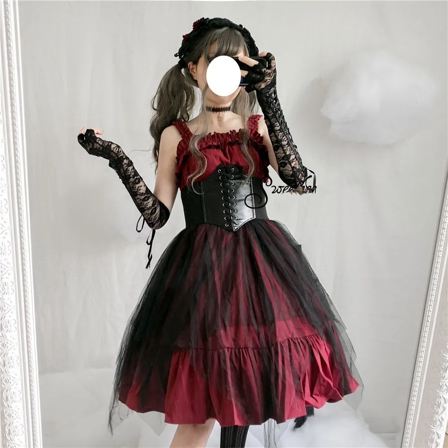 long red 3pcs Японское готическое платье лолиты JSK жилет с воланом платье без рукавов для костюмированной вечеринки винтажное платье с высокой талией костюмы для косплея - Цвет: long red 3pcs