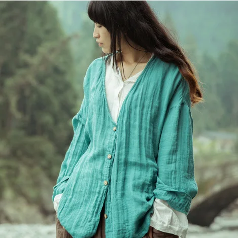 Осень 2016 оригинальный дизайн 100% хлопок лен женские свободные рубашки с длинным