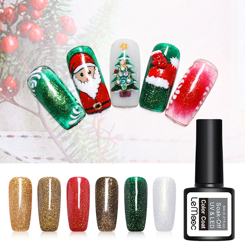 LEMOOC 8ml Glitter Glaze Gel Nail Polish Green Red Shimmer Shining Xmas Soak Off UV Varnish Christmas Art varnish | Красота и