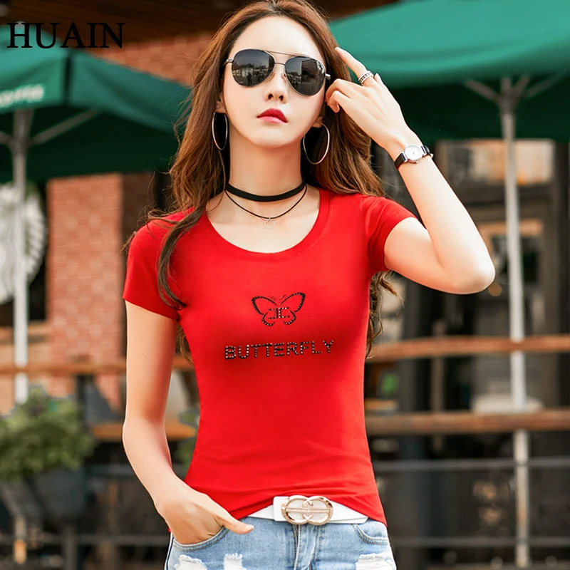 Красная летняя футболка для фитнеса Женская 2019 Новый корейский стиль короткий