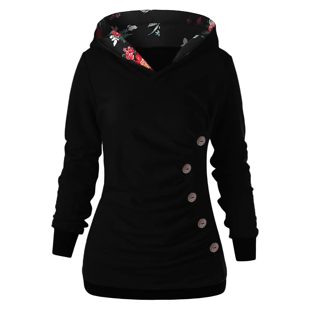 Black Feitong Women Long Sleeve Hoodies Autumn Causal with Button Floral Printed Hooded Sweatshirt Tops Pullover sudadera mujer - Color: Black